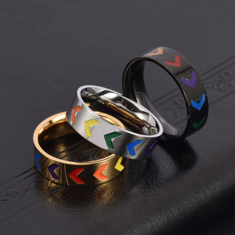 Hip-Hop Retro Chevron 18K Gold Plated Stainless Steel V-Shaped Rainbow Band Ring