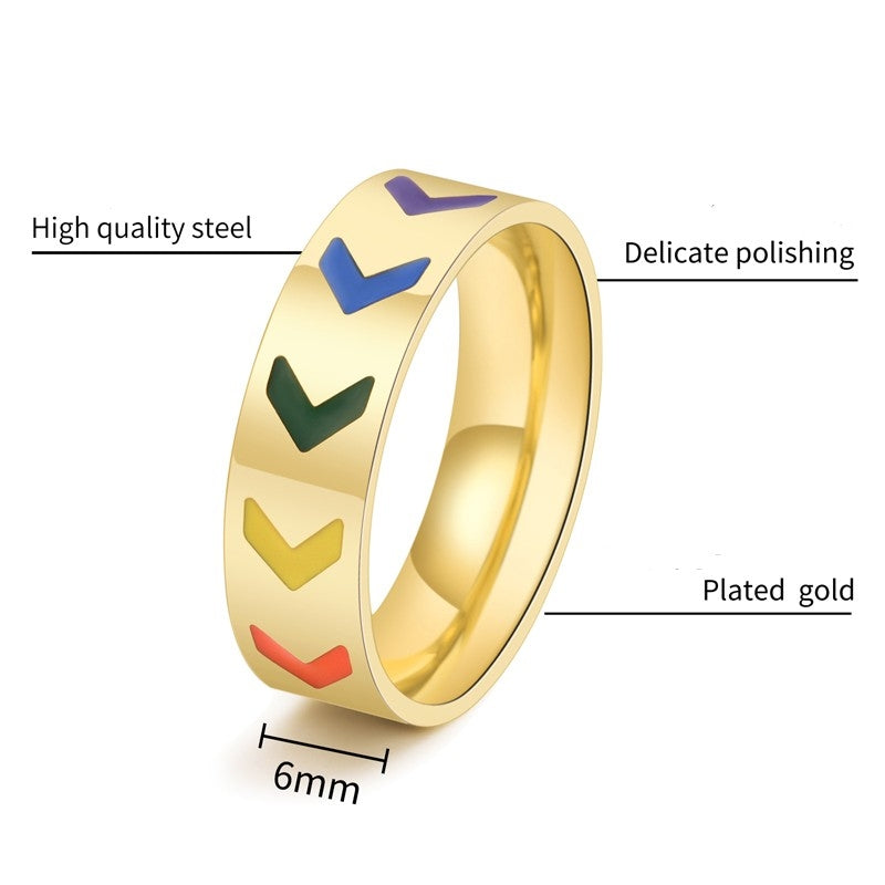 Hip-Hop Retro Chevron 18K Gold Plated Stainless Steel V-Shaped Rainbow Band Ring