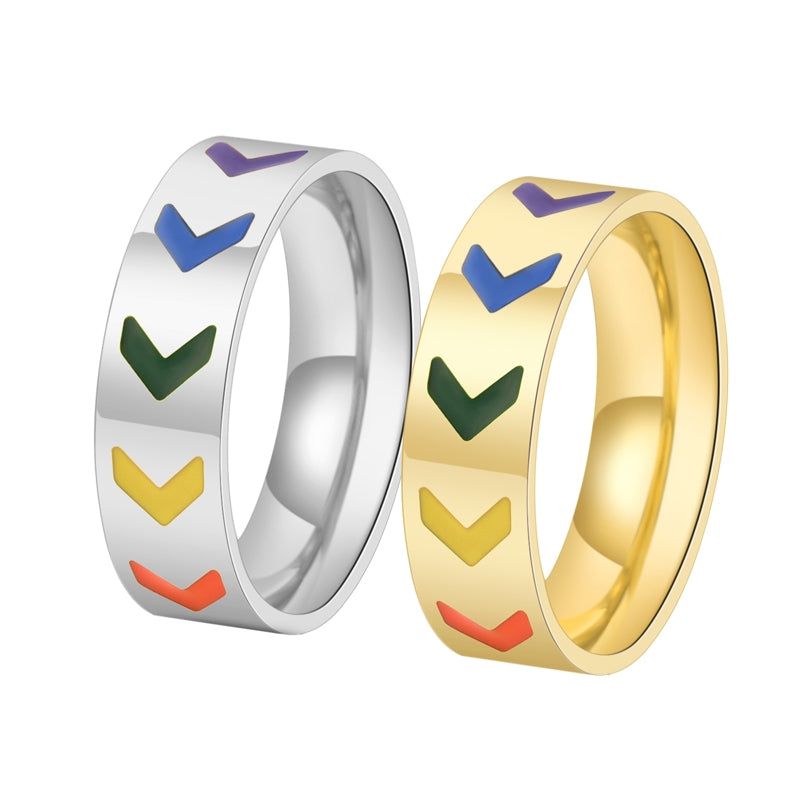 Hip-Hop Retro Chevron 18K Gold Plated Stainless Steel V-Shaped Rainbow Band Ring