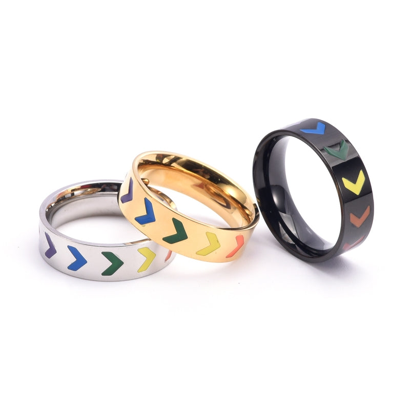 Hip-Hop Retro Chevron 18K Gold Plated Stainless Steel V-Shaped Rainbow Band Ring