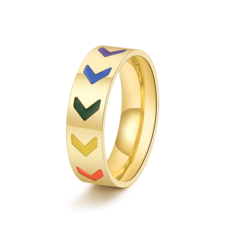 Hip-Hop Retro Chevron 18K Gold Plated Stainless Steel V-Shaped Rainbow Band Ring