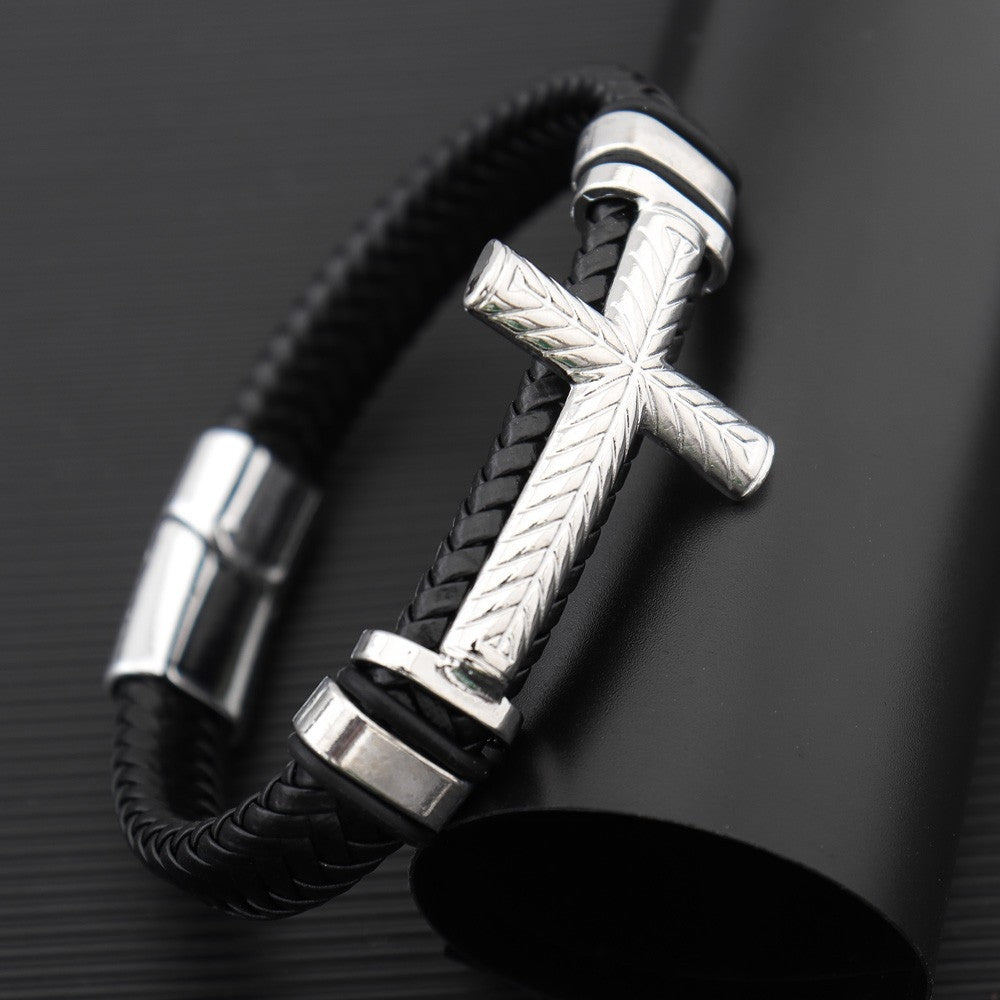 Hip-Hop Retro Cross PU Leather Men's Alloy Plated Bracelet