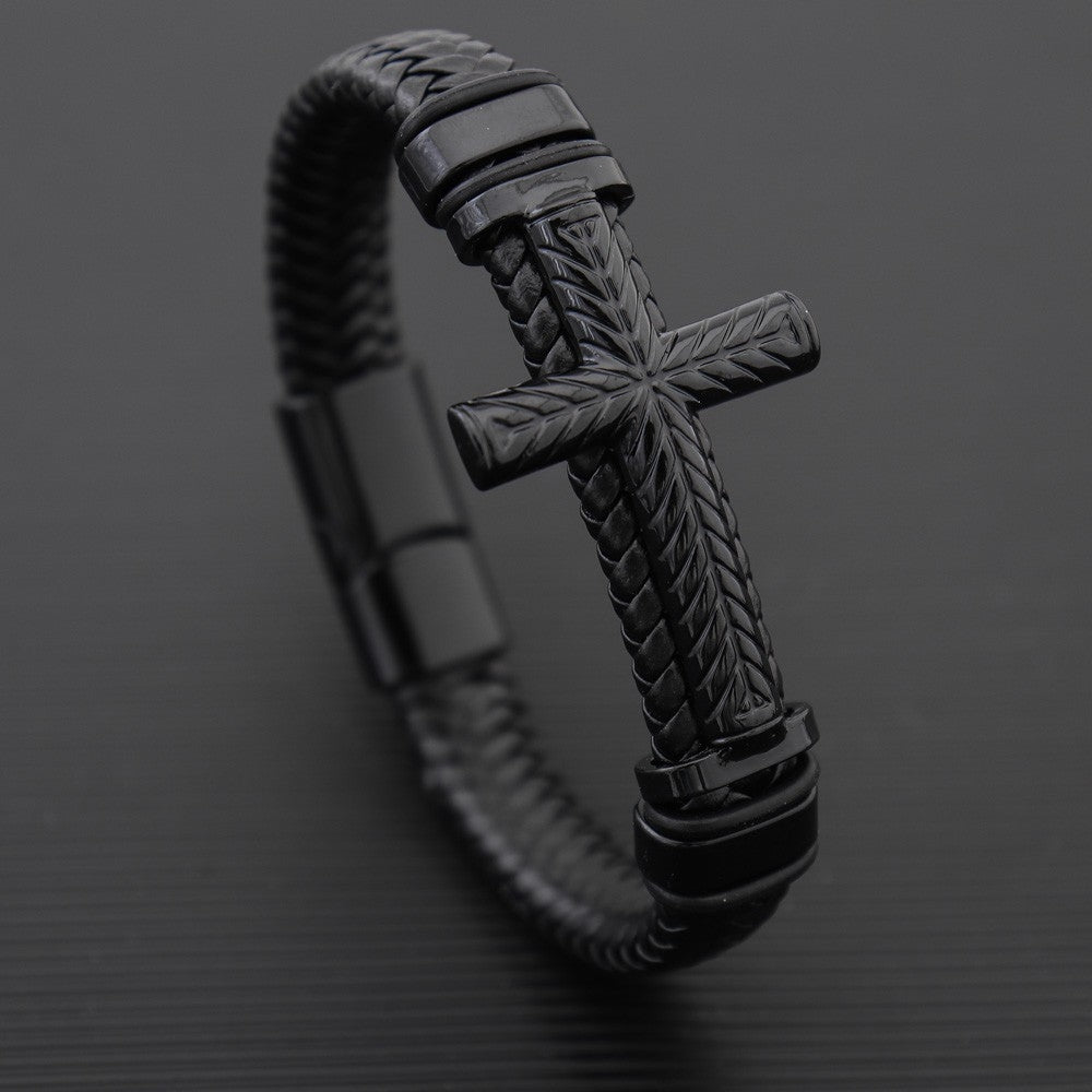 Hip-Hop Retro Cross PU Leather Men's Alloy Plated Bracelet