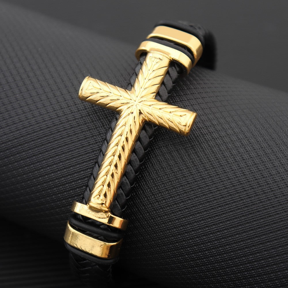 Hip-Hop Retro Cross PU Leather Men's Alloy Plated Bracelet