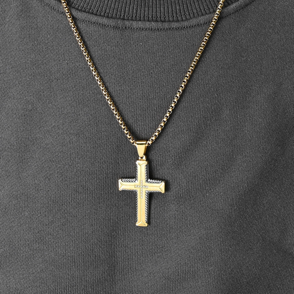 Hip-Hop Retro Cross Zircon Inlay Titanium Steel Men's Pendant Necklace with Tire Tread Design