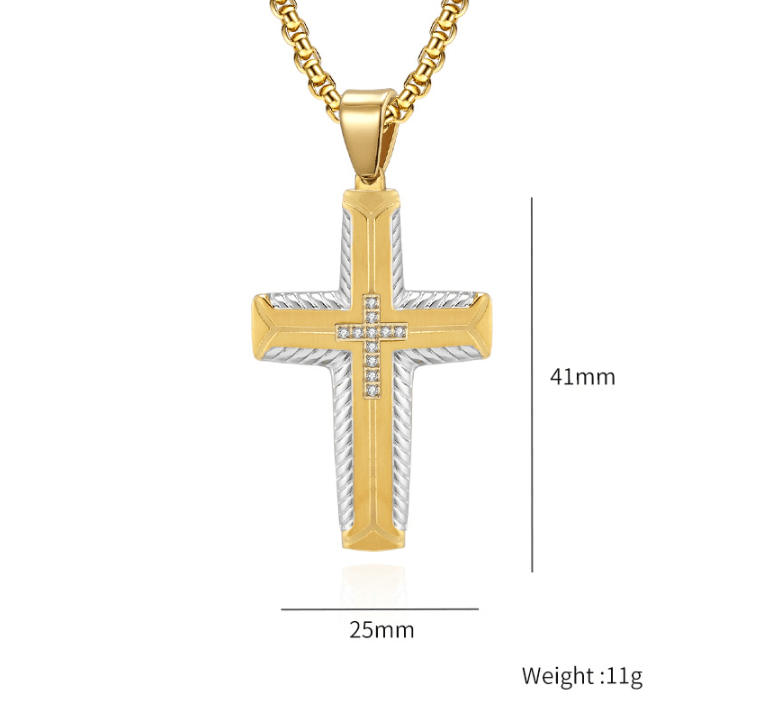 Hip-Hop Retro Cross Zircon Inlay Titanium Steel Men's Pendant Necklace with Tire Tread Design