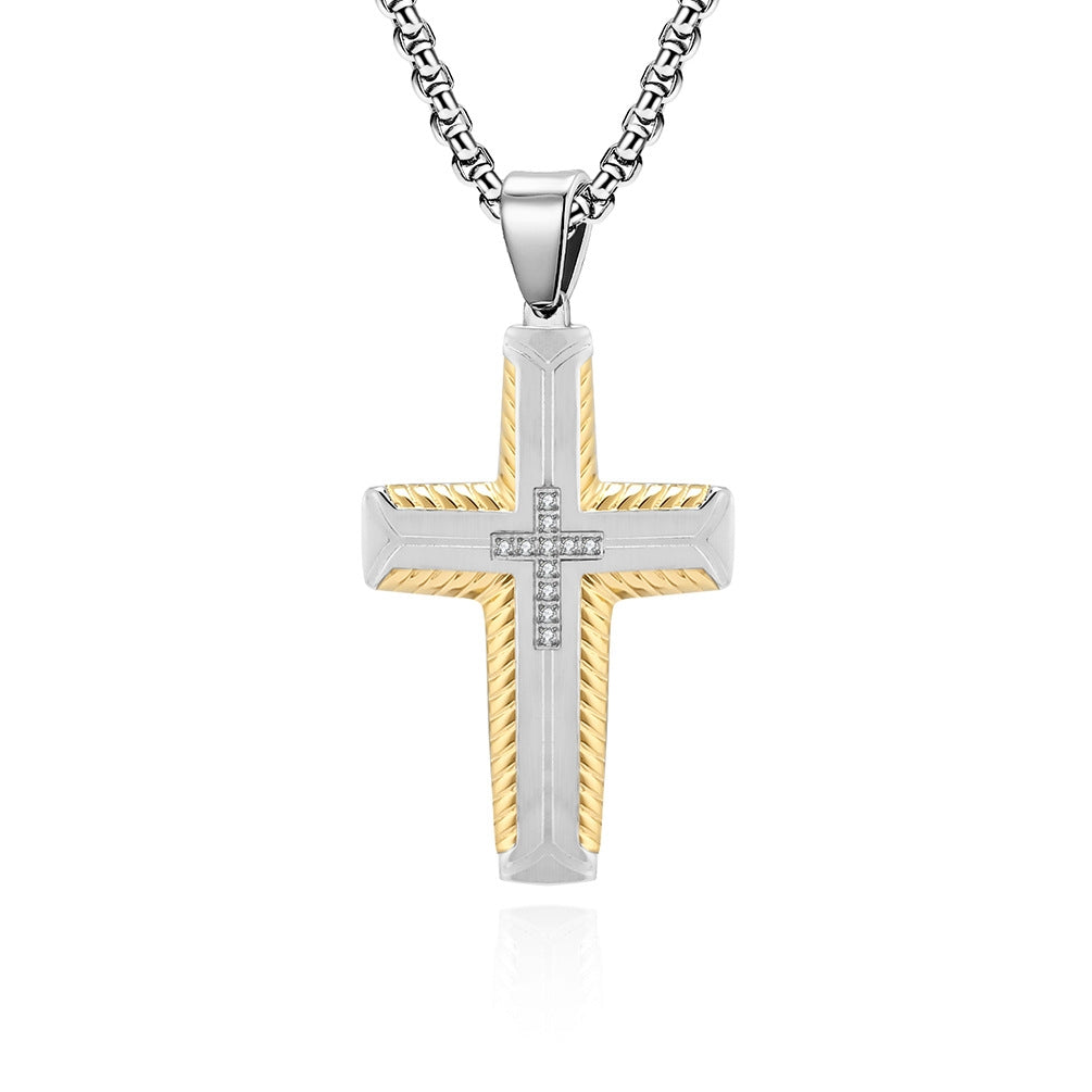 Hip-Hop Retro Cross Zircon Inlay Titanium Steel Men's Pendant Necklace with Tire Tread Design