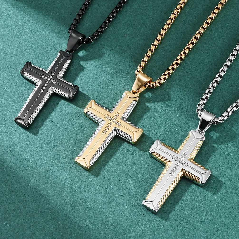 Hip-Hop Retro Cross Zircon Inlay Titanium Steel Men's Pendant Necklace with Tire Tread Design