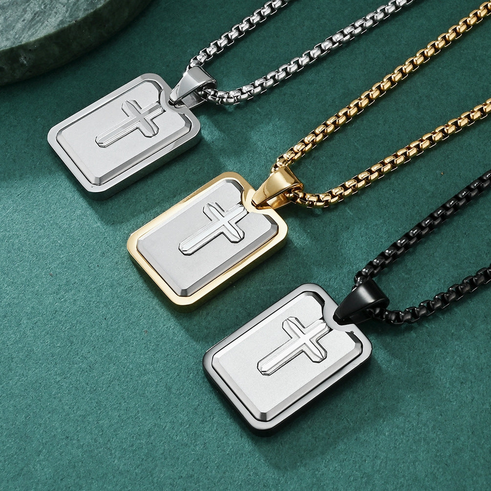 Hip-Hop Retro Cross Titanium Steel Square Pendant Necklace for Men and Women