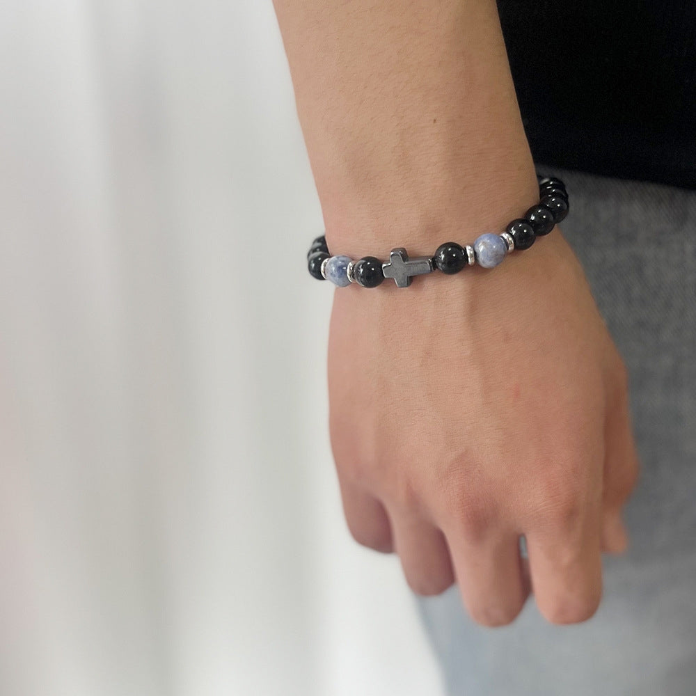 Hip-Hop Retro Natural Stone Beaded Men's Bracelet with Tiger's Eye and Black Gallstone Cross