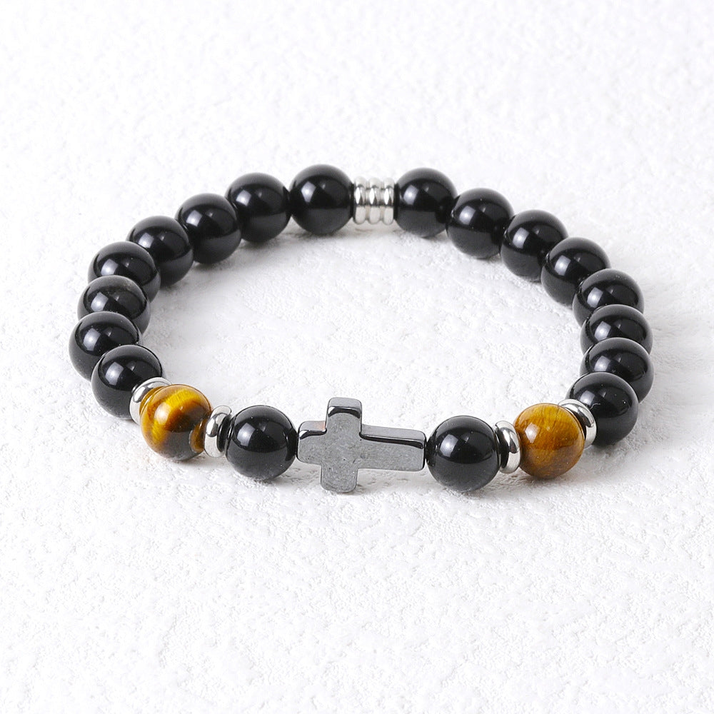 Hip-Hop Retro Natural Stone Beaded Men's Bracelet with Tiger's Eye and Black Gallstone Cross