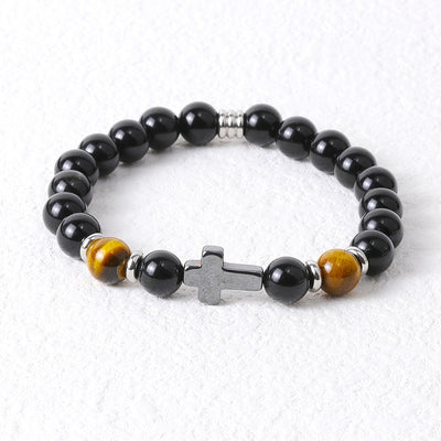Hip-Hop Retro Natural Stone Beaded Men's Bracelet with Tiger's Eye and Black Gallstone Cross