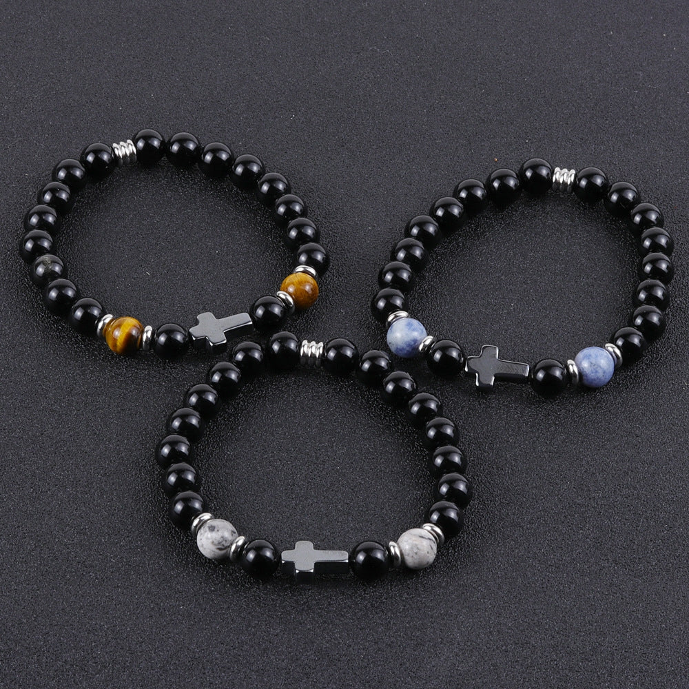 Hip-Hop Retro Natural Stone Beaded Men's Bracelet with Tiger's Eye and Black Gallstone Cross