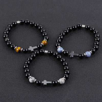 Hip-Hop Retro Natural Stone Beaded Men's Bracelet with Tiger's Eye and Black Gallstone Cross
