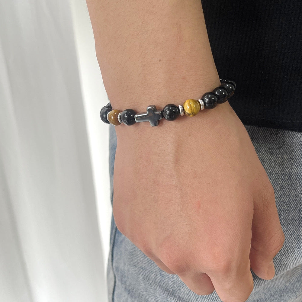 Hip-Hop Retro Natural Stone Beaded Men's Bracelet with Tiger's Eye and Black Gallstone Cross