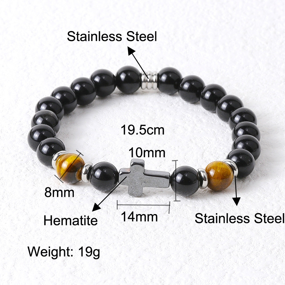 Hip-Hop Retro Natural Stone Beaded Men's Bracelet with Tiger's Eye and Black Gallstone Cross