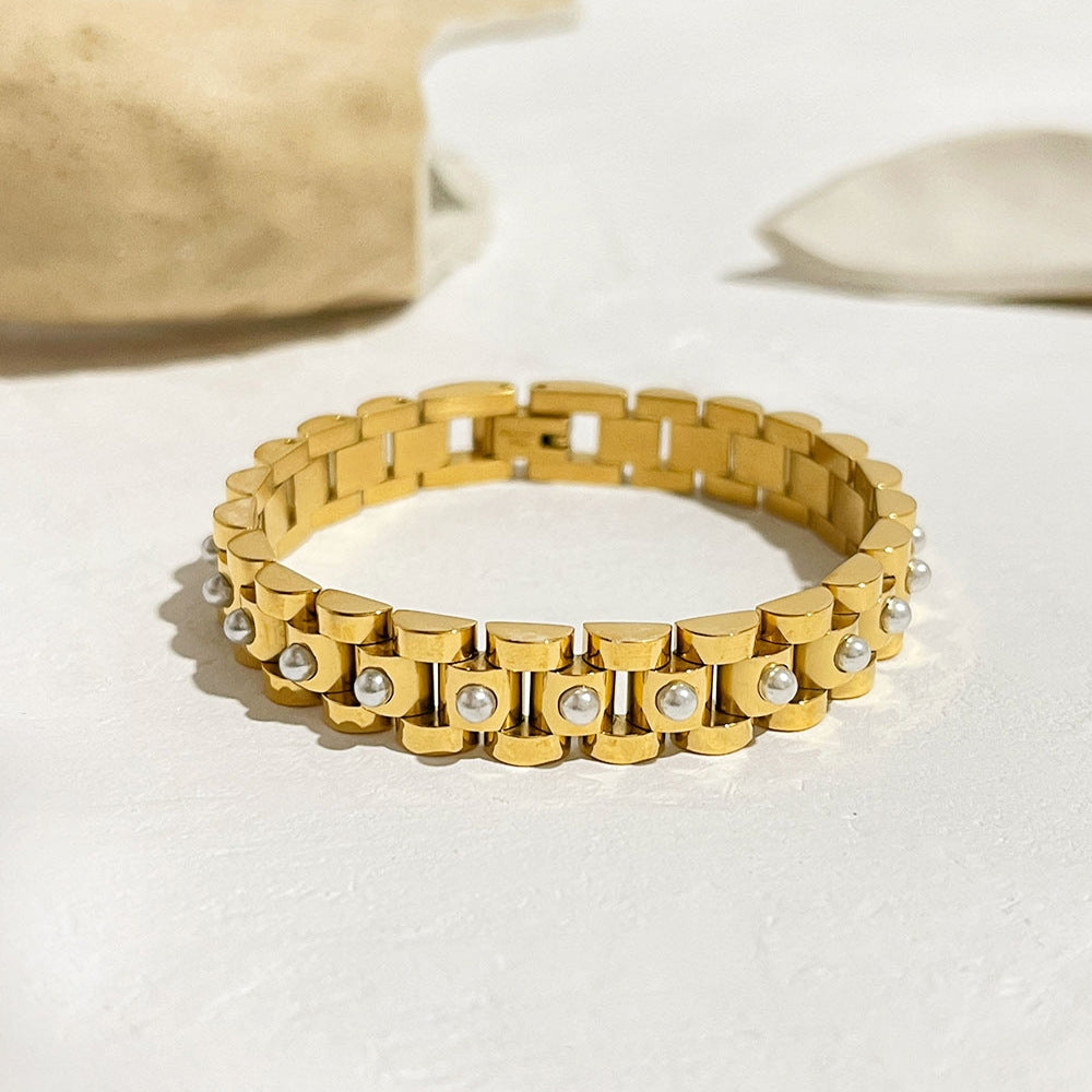 18K Gold Plated Geometric Stainless Steel Bracelet with Artificial Pearls and White Beads