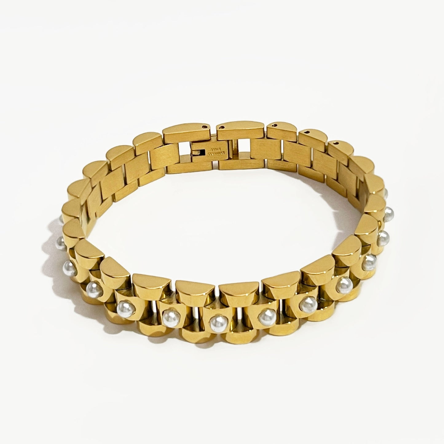 18K Gold Plated Geometric Stainless Steel Bracelet with Artificial Pearls and White Beads