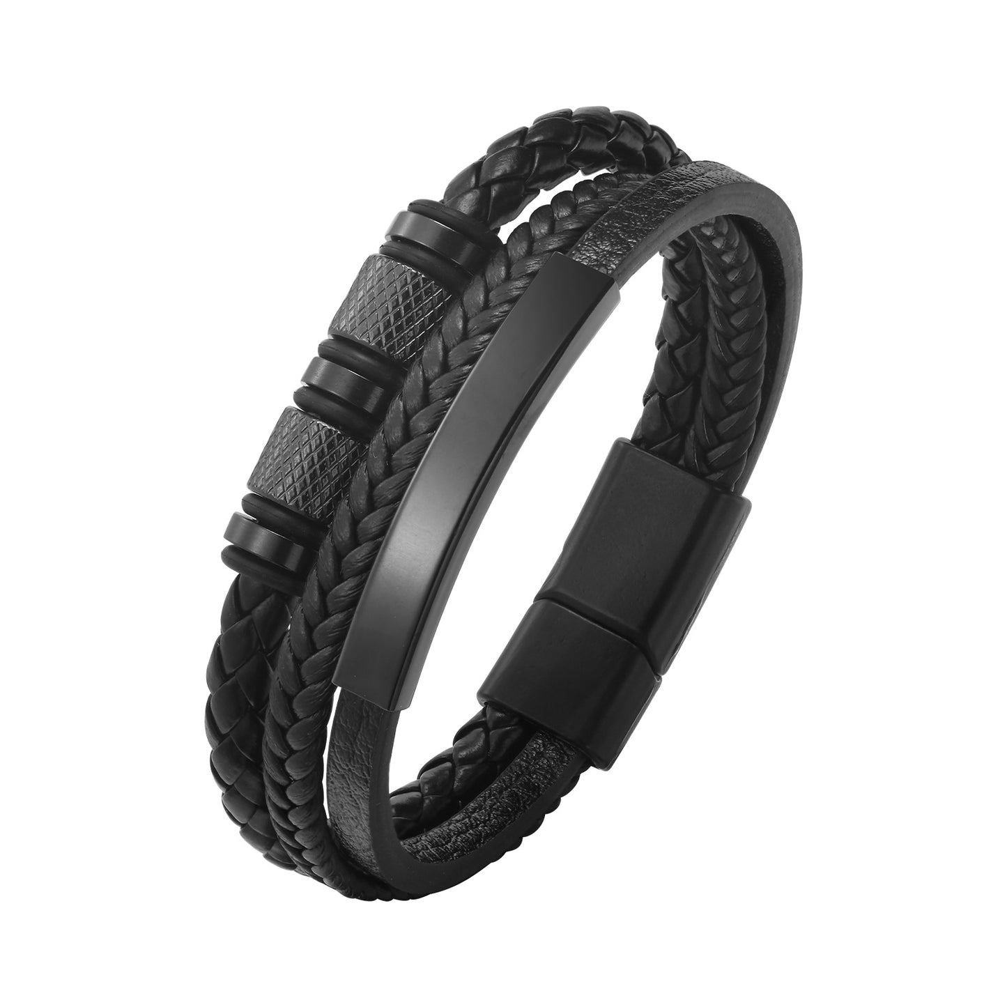 Hip-Hop Retro Stainless Steel Black PU Leather Layered Men's ID Bracelet