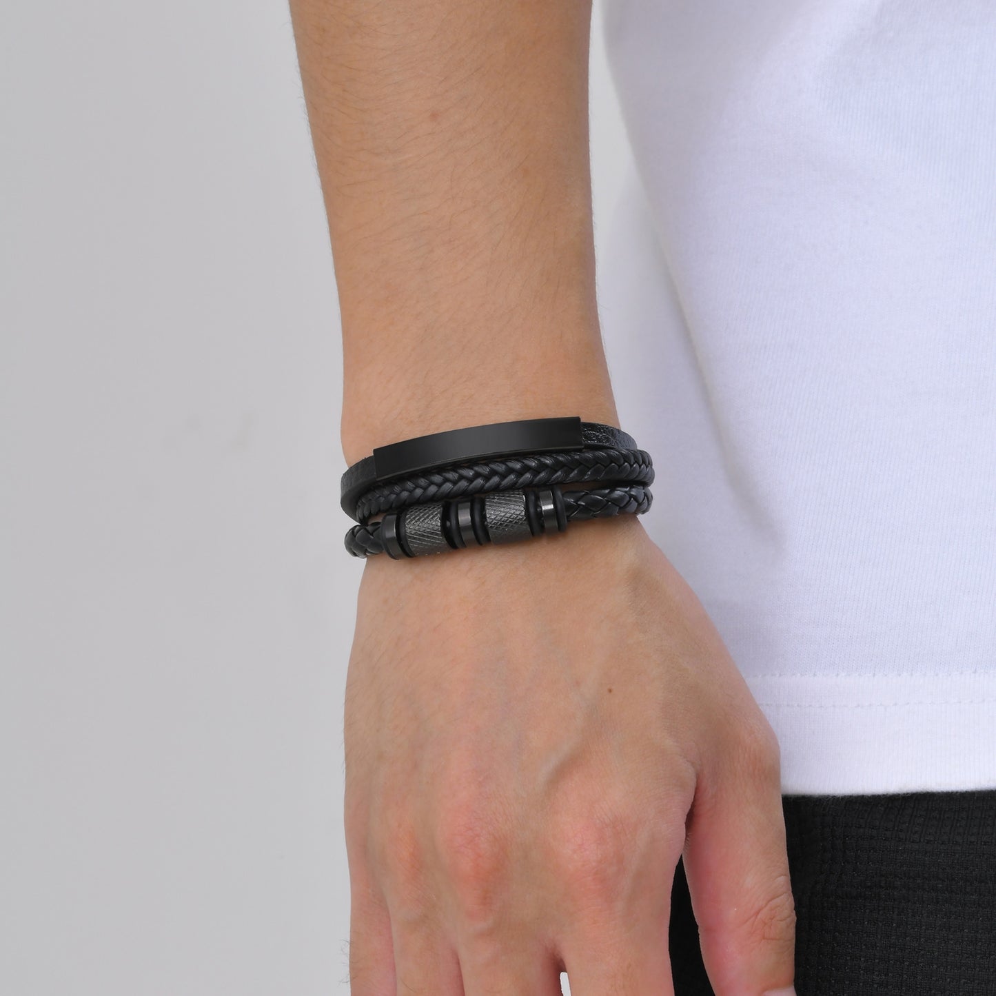 Hip-Hop Retro Stainless Steel Black PU Leather Layered Men's ID Bracelet
