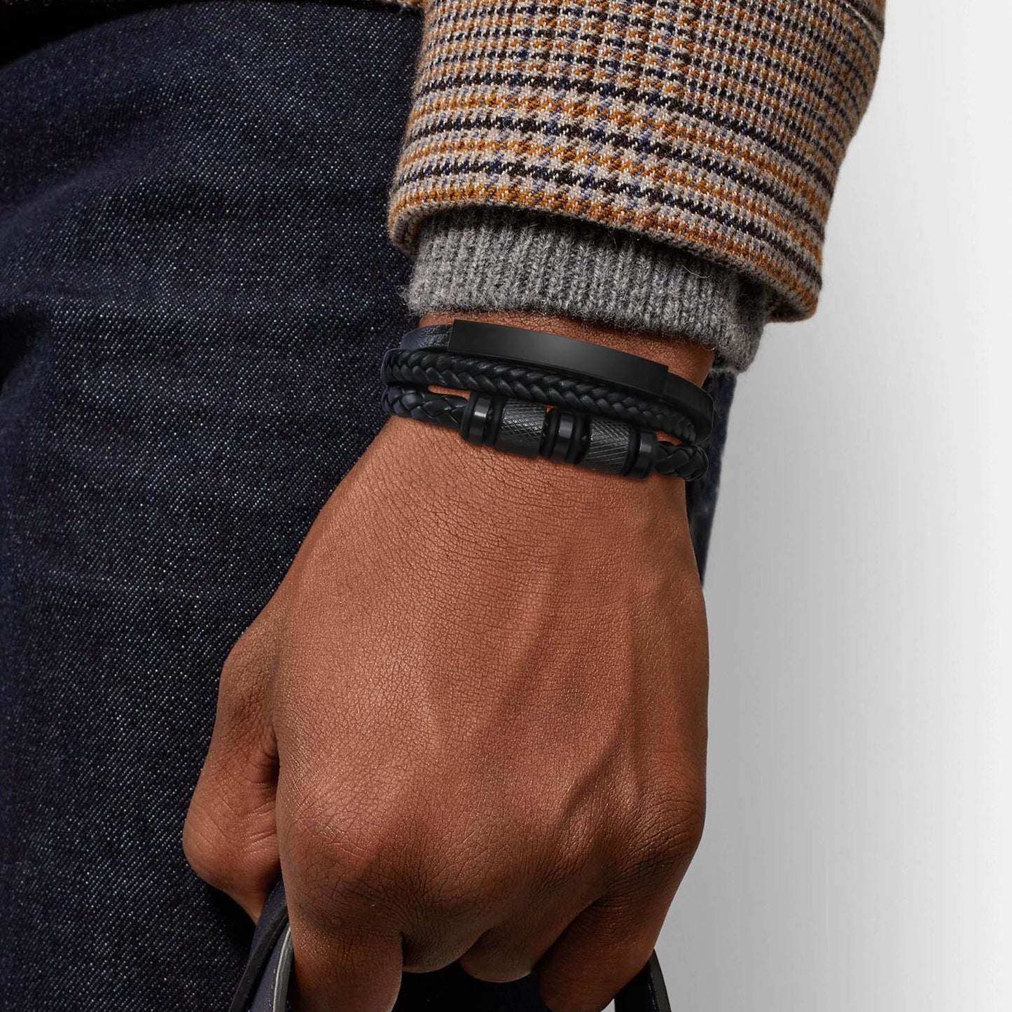 Hip-Hop Retro Stainless Steel Black PU Leather Layered Men's ID Bracelet