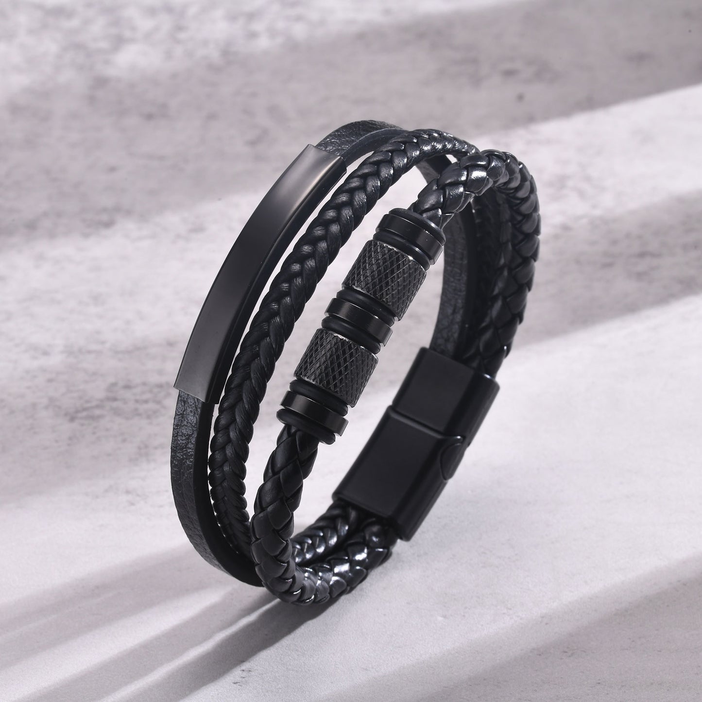Hip-Hop Retro Stainless Steel Black PU Leather Layered Men's ID Bracelet