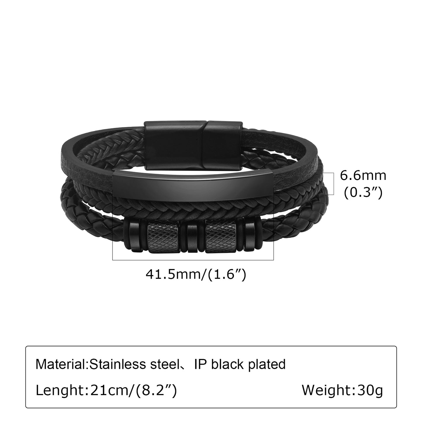 Hip-Hop Retro Stainless Steel Black PU Leather Layered Men's ID Bracelet