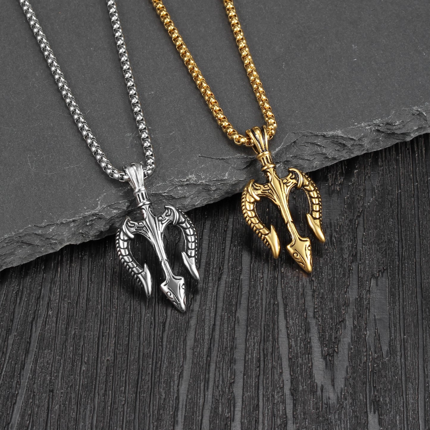 Hip-Hop Retro Trident Engraved Stainless Steel Men's Pendant Necklace