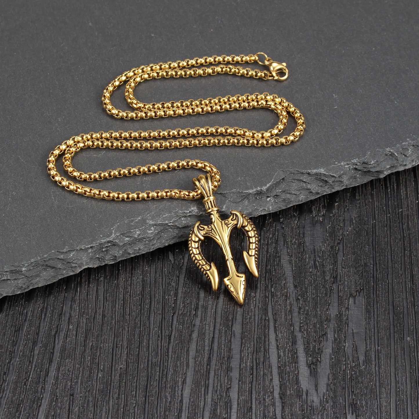 Hip-Hop Retro Trident Engraved Stainless Steel Men's Pendant Necklace