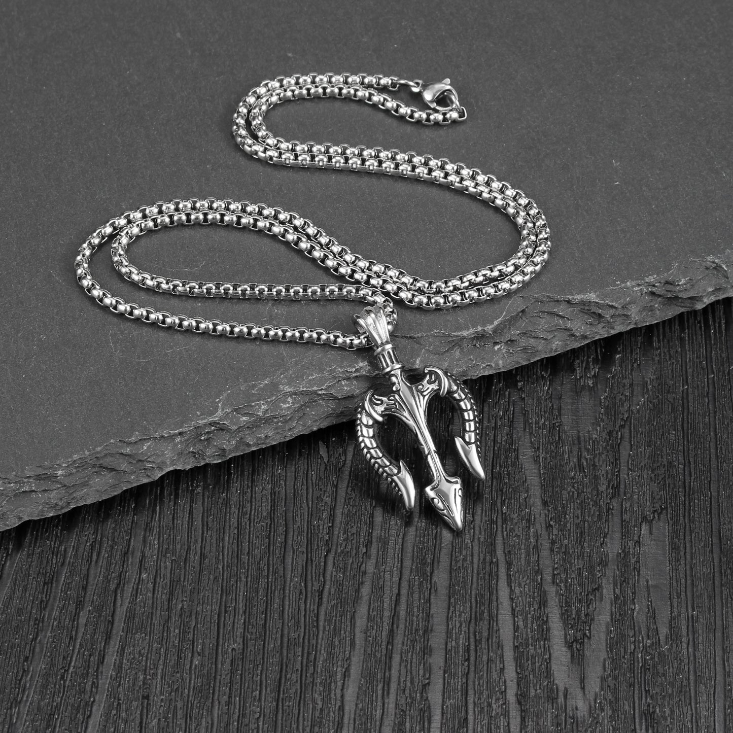 Hip-Hop Retro Trident Engraved Stainless Steel Men's Pendant Necklace