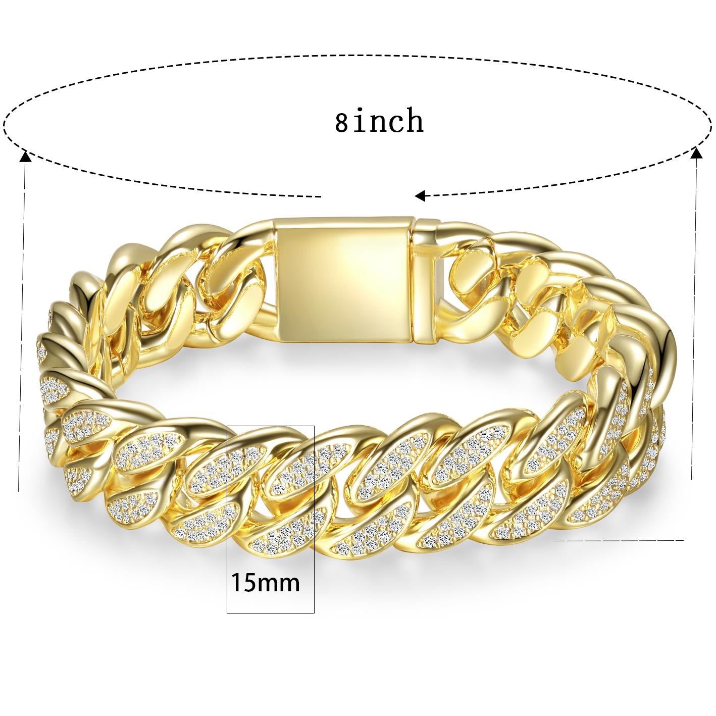 18K Gold Plated Zircon Brass Hip-Hop Cuban Chain Tennis Bracelet 15mm for Men and Women