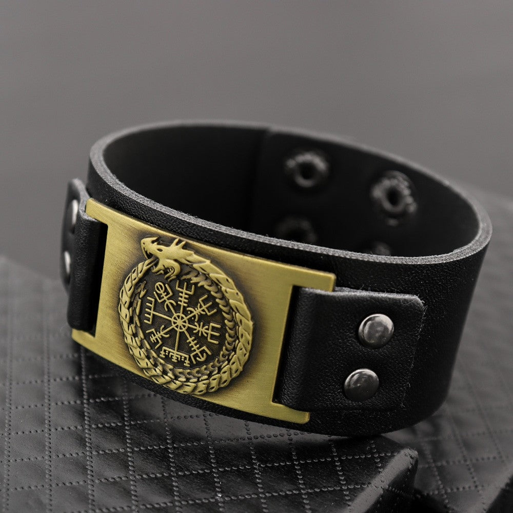 Hip-Hop Dragon PU Leather Men's Bangle and Pirate Retro Compass Wide Bracelet