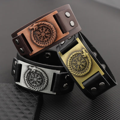 Hip-Hop Dragon PU Leather Men's Bangle and Pirate Retro Compass Wide Bracelet