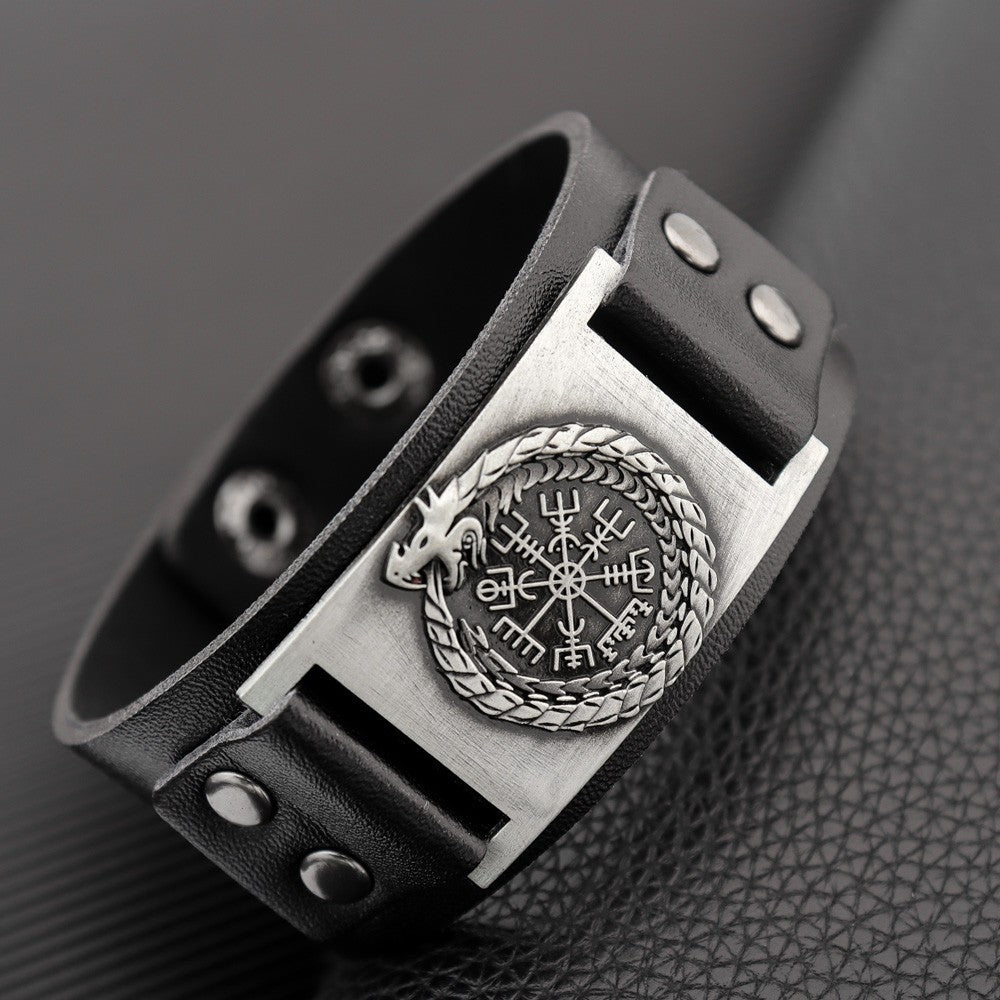 Hip-Hop Dragon PU Leather Men's Bangle and Pirate Retro Compass Wide Bracelet