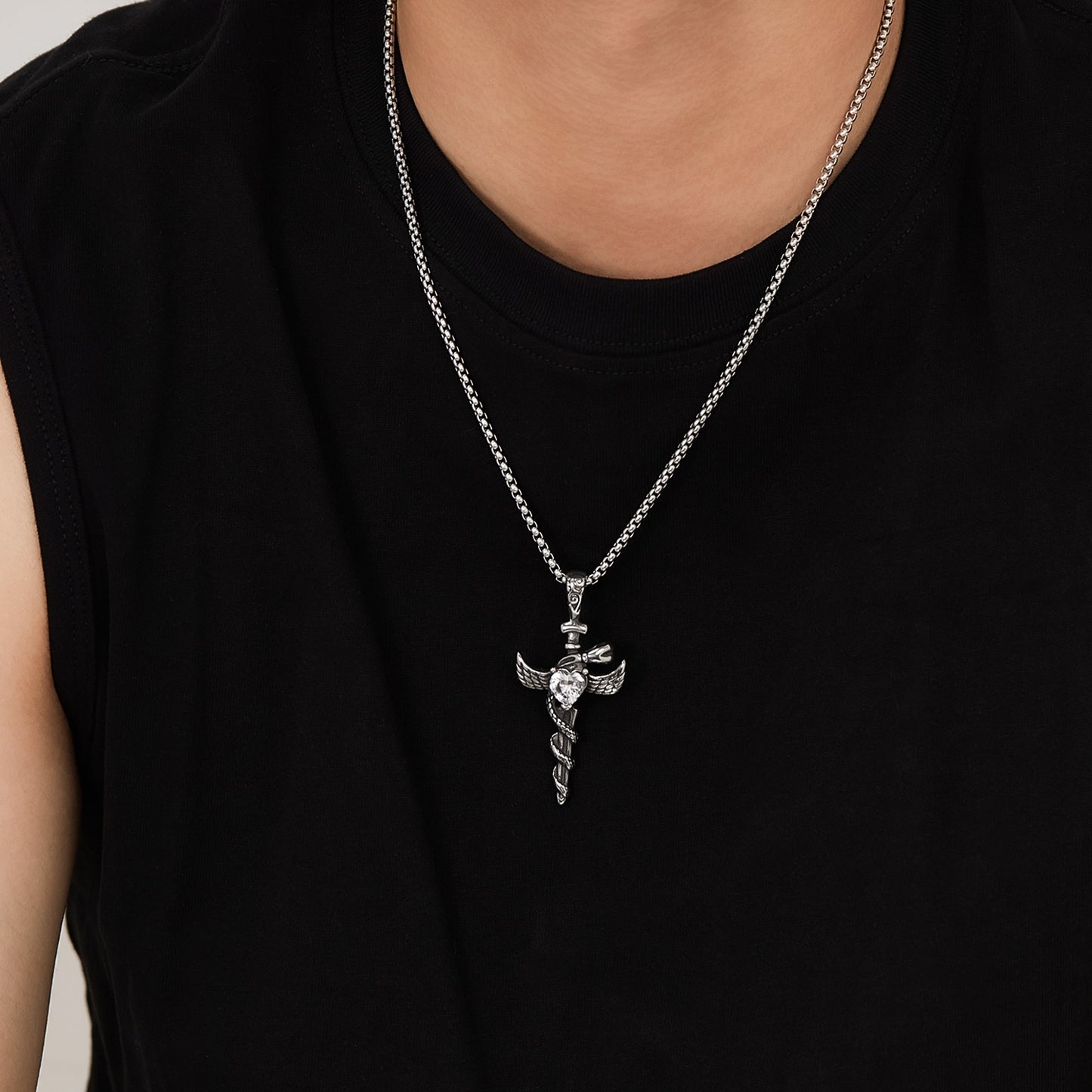 Hip-Hop Vintage Cross Heart Snake Stainless Steel Zircon Men's Pendant Necklace
