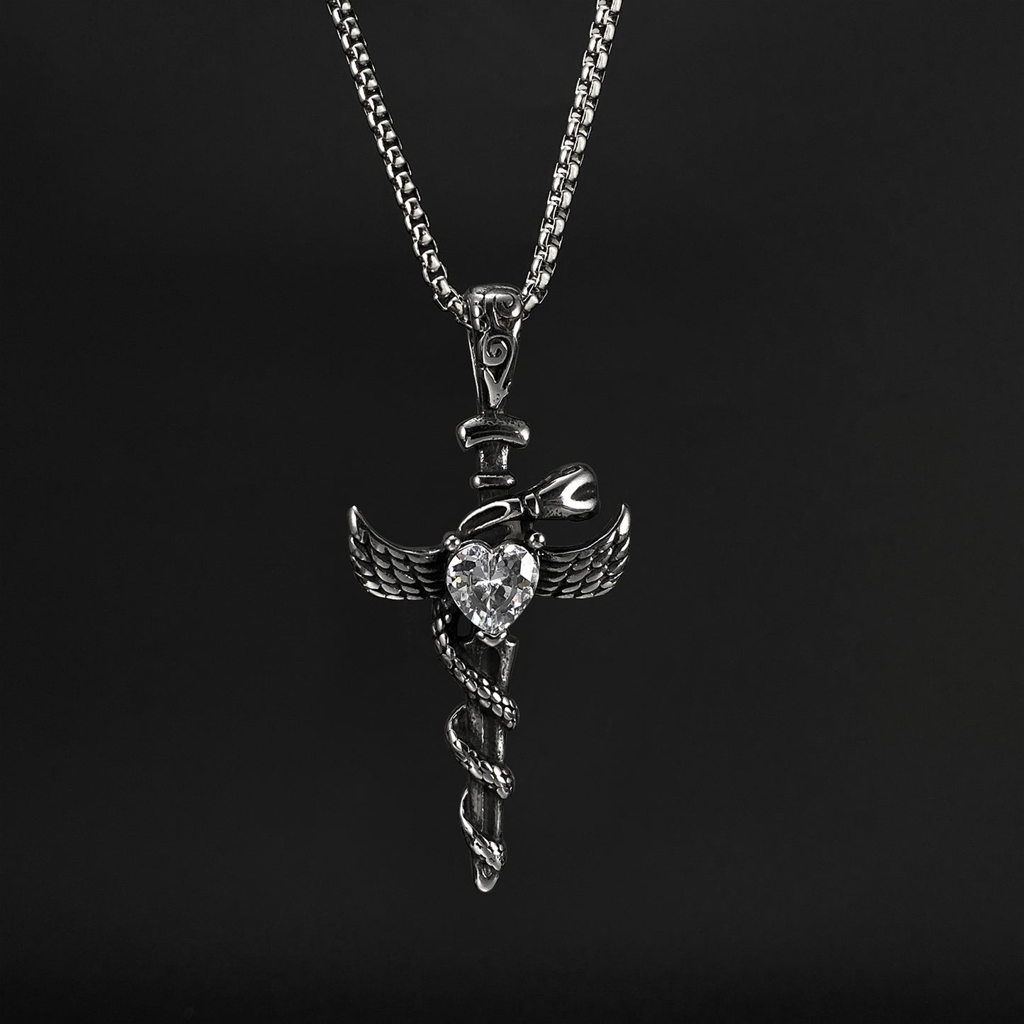 Hip-Hop Vintage Cross Heart Snake Stainless Steel Zircon Men's Pendant Necklace