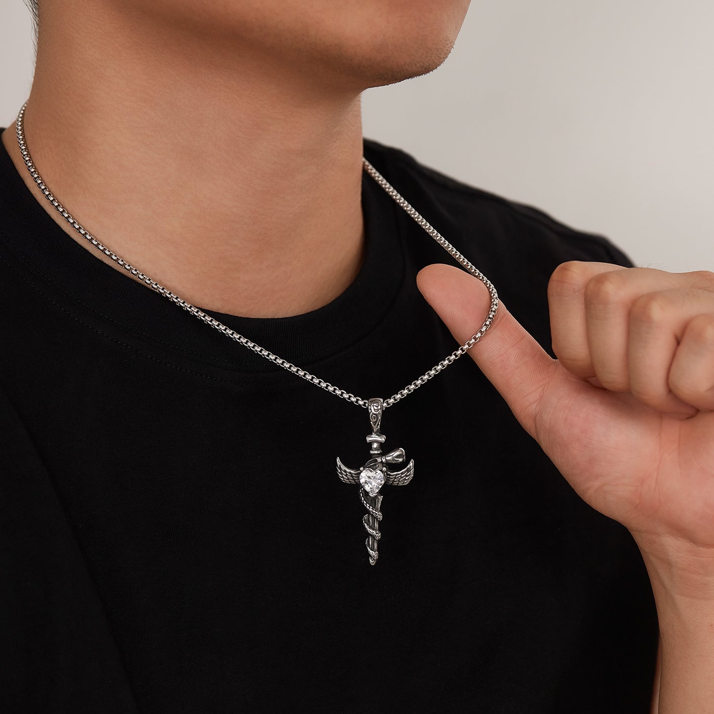 Hip-Hop Vintage Cross Heart Snake Stainless Steel Zircon Men's Pendant Necklace