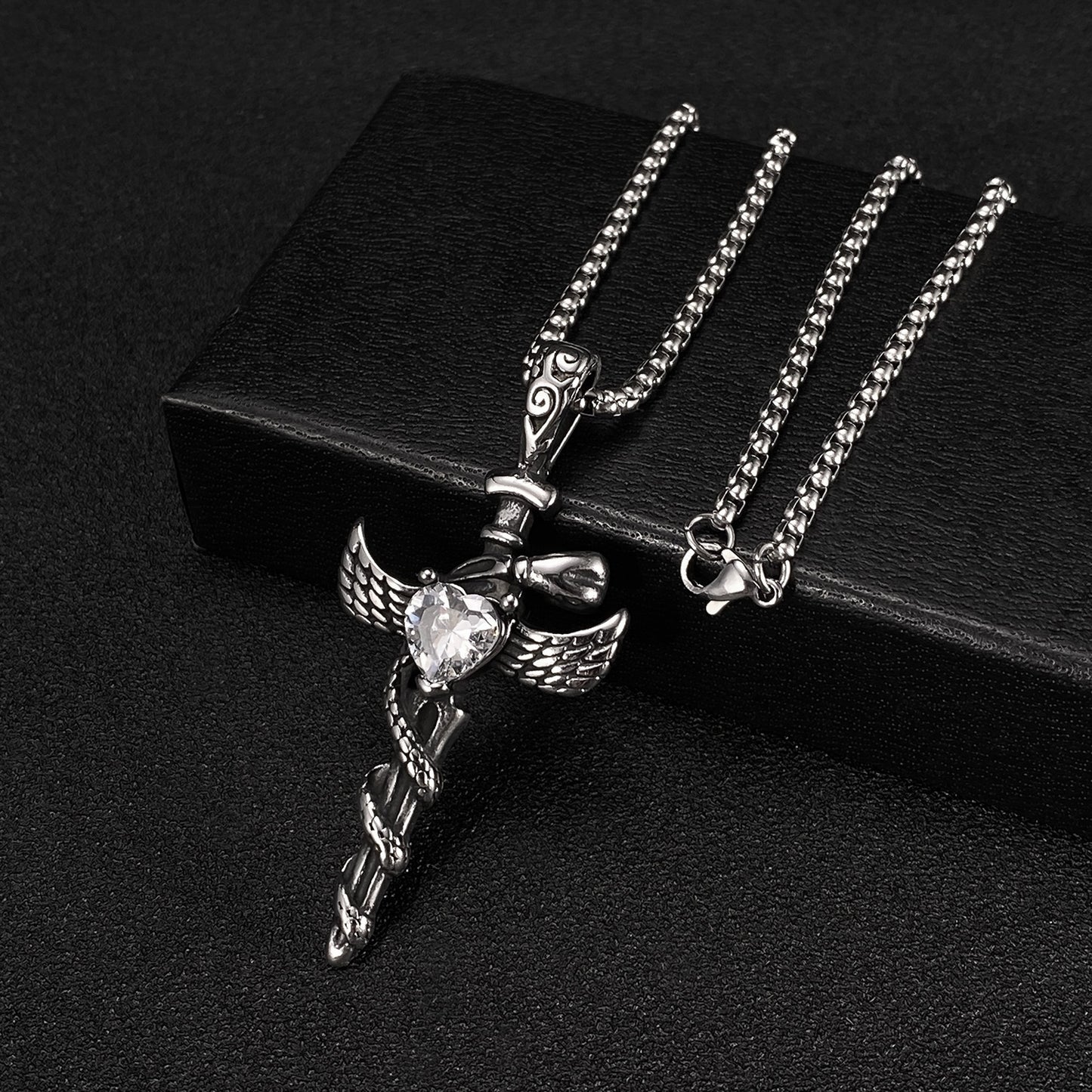Hip-Hop Vintage Cross Heart Snake Stainless Steel Zircon Men's Pendant Necklace