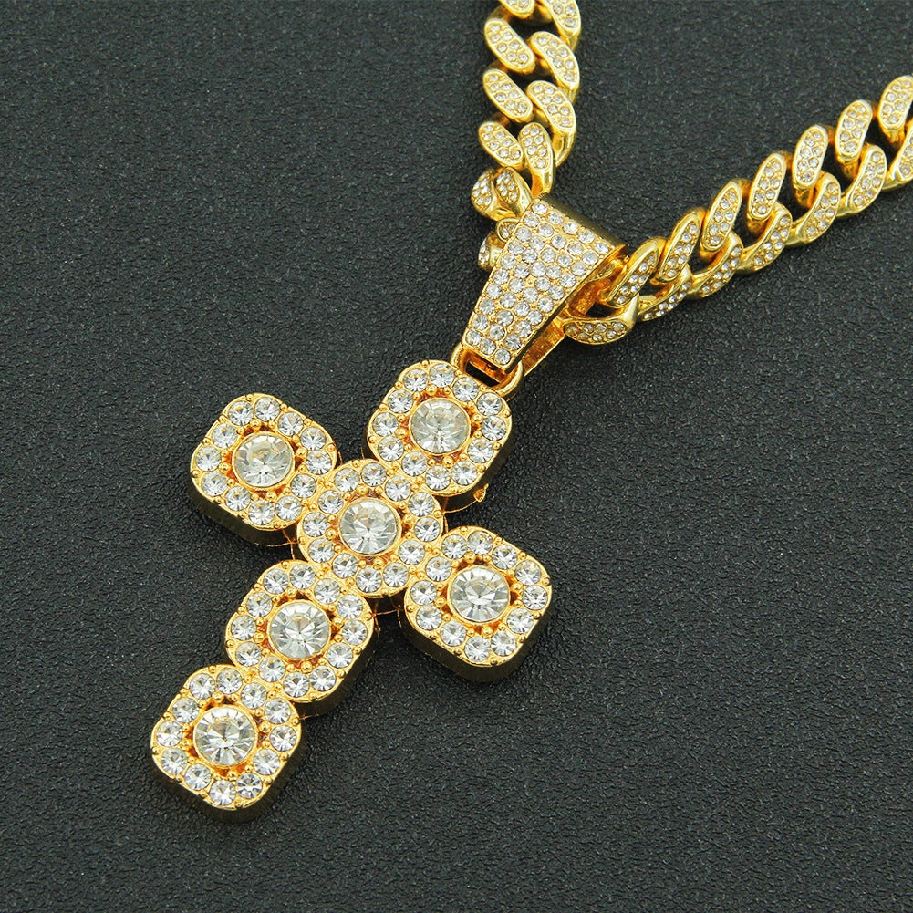 Hip-hop Cross Rhinestone Men's Pendant Necklace with Cuban Chain