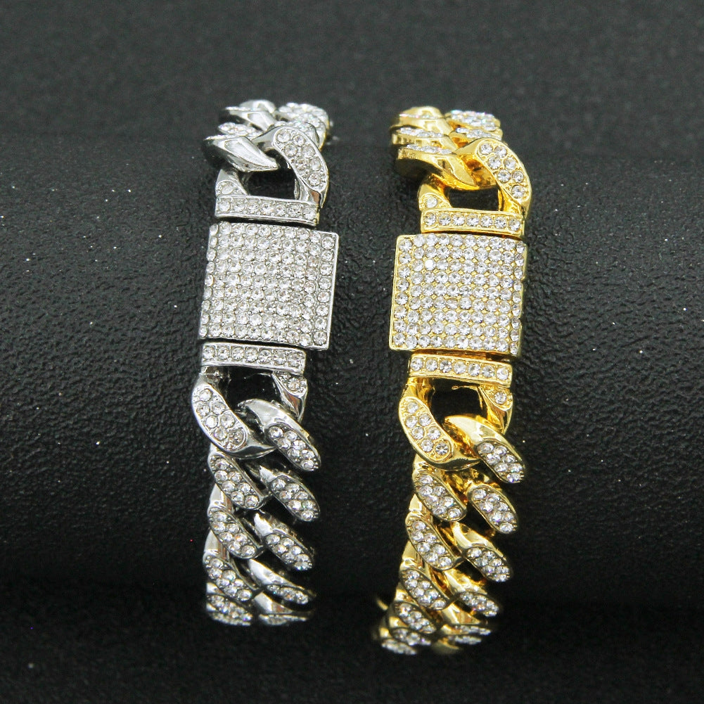 Hip-Hop Geometric Diamond Men's Bracelet and Cuban Chain Necklace Set