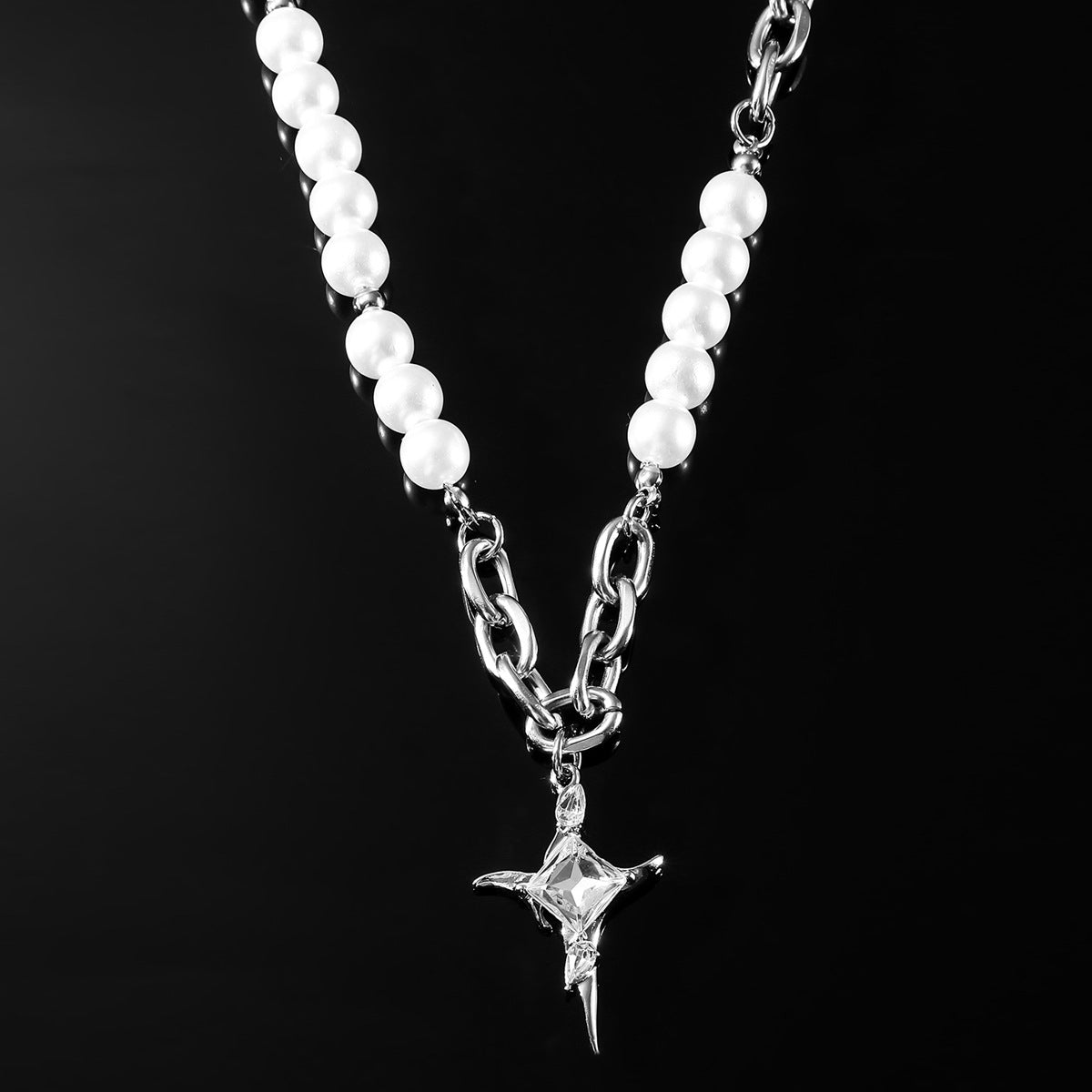 Hip-hop Geometric Pearl Rhinestone Cross Necklace for Men and Women