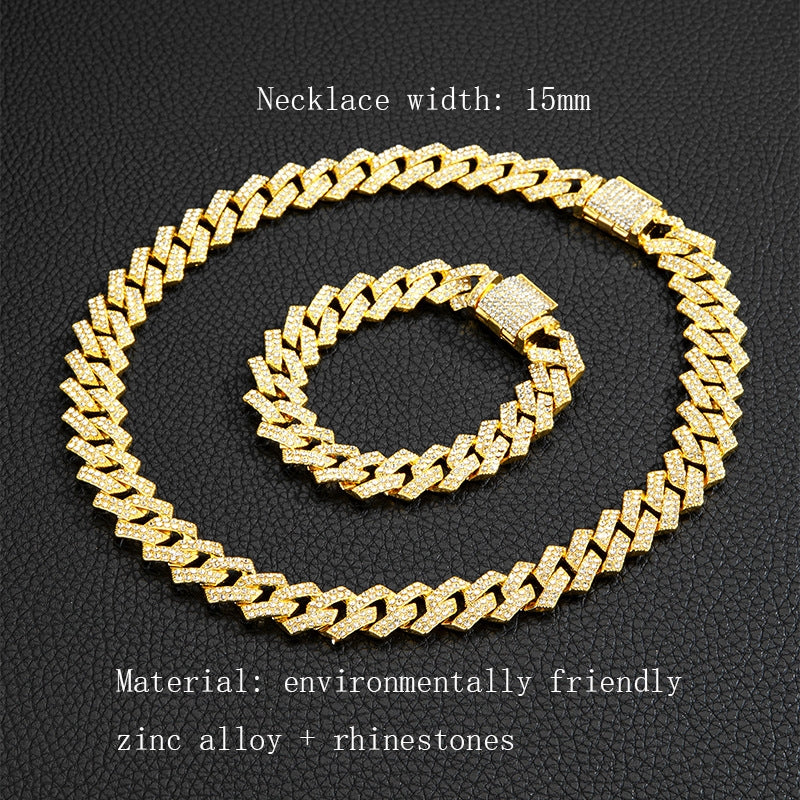 Hip-hop Geometric Rhinestone Men's Necklace and Bracelet Set - Punk Double Row Design