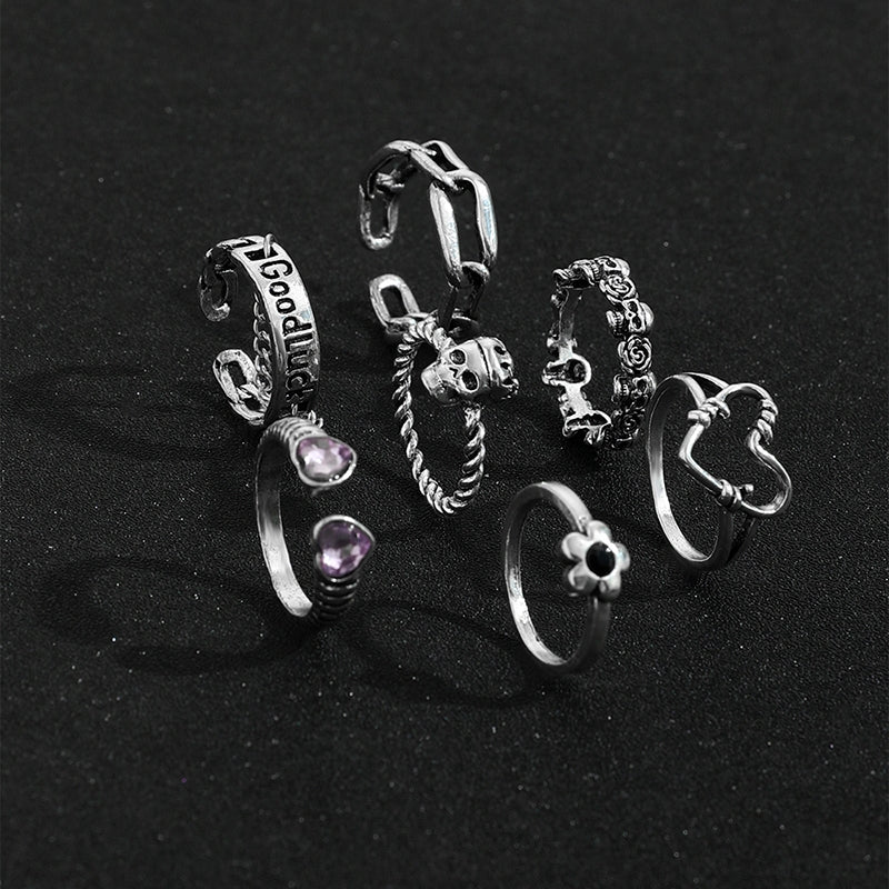 Hip-hop Heart Shape Rose Skull Rhinestone Adjustable Ring for Men