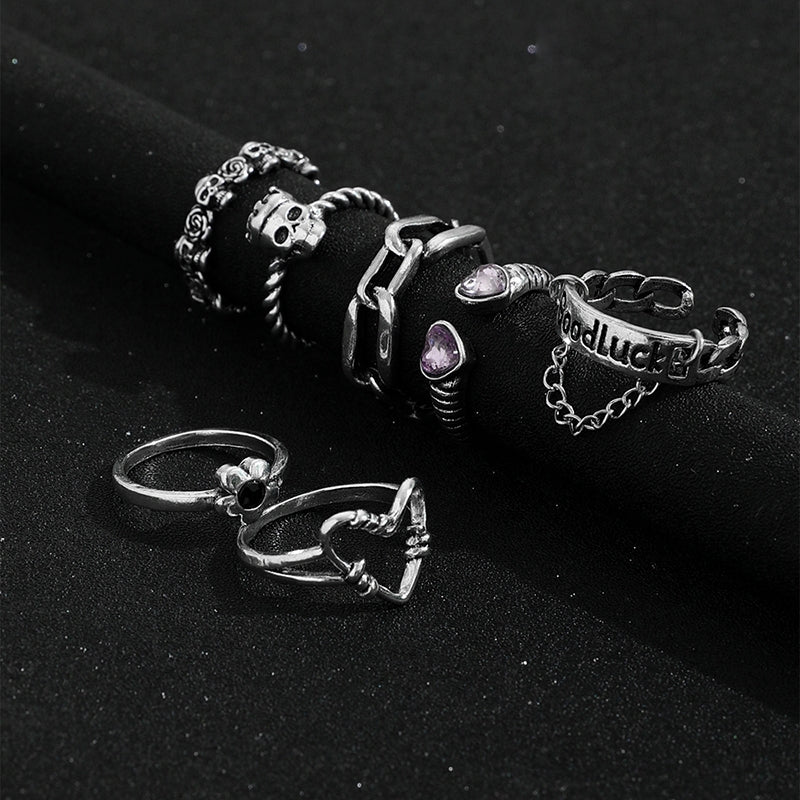 Hip-hop Heart Shape Rose Skull Rhinestone Adjustable Ring for Men