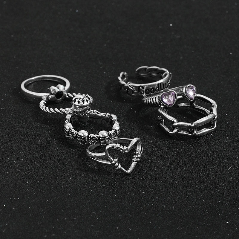 Hip-hop Heart Shape Rose Skull Rhinestone Adjustable Ring for Men