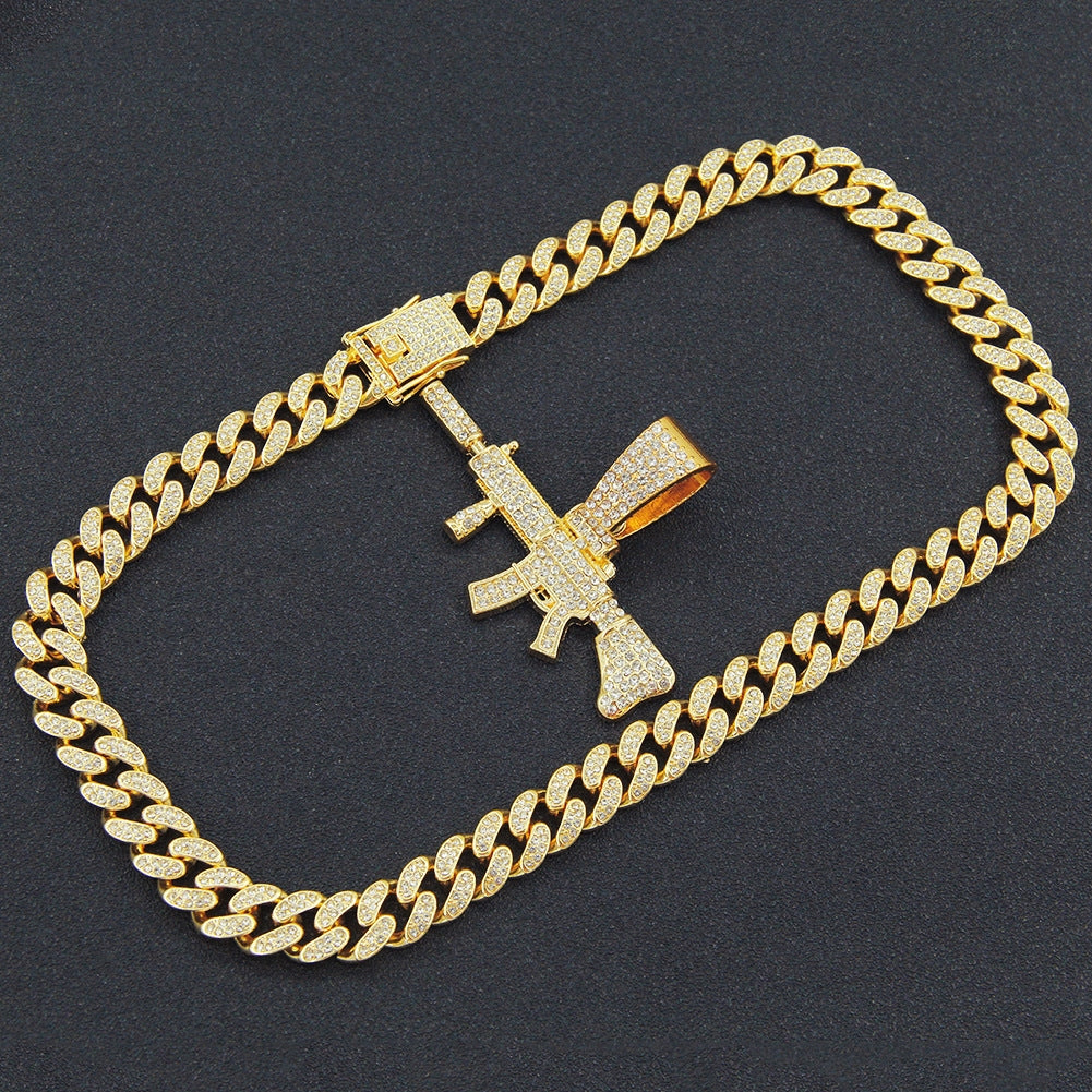 Hip-hop Pistol Rhinestone Men's Pendant Necklace with Cuban Chain