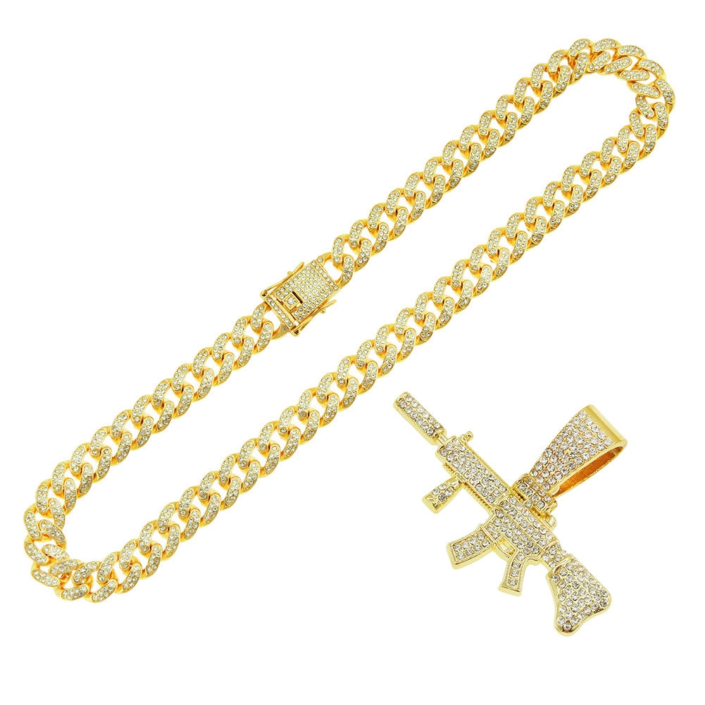 Hip-hop Pistol Rhinestone Men's Pendant Necklace with Cuban Chain