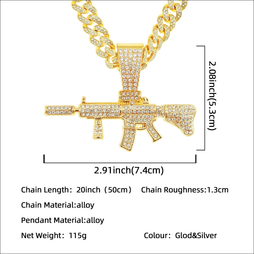 Hip-hop Pistol Rhinestone Men's Pendant Necklace with Cuban Chain