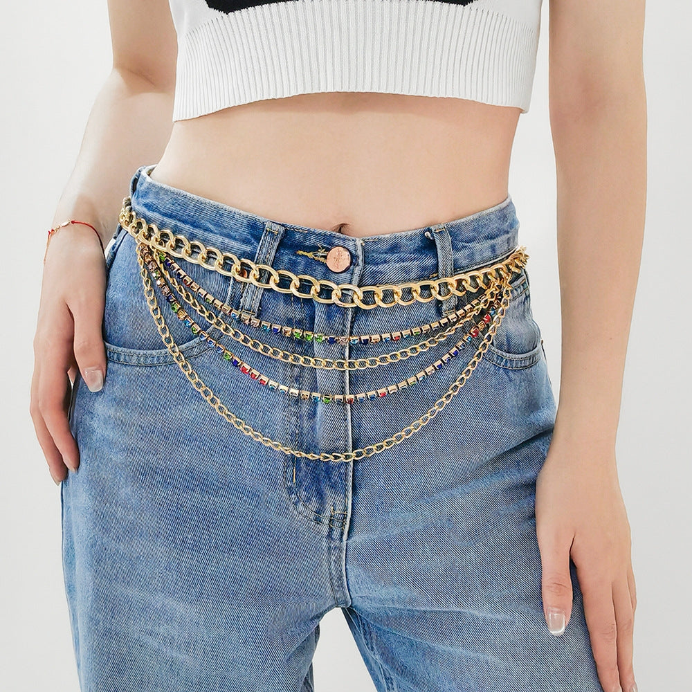 Hip-hop Punk Geometric Rhinestone Inlay Women's Gold Chain Belt