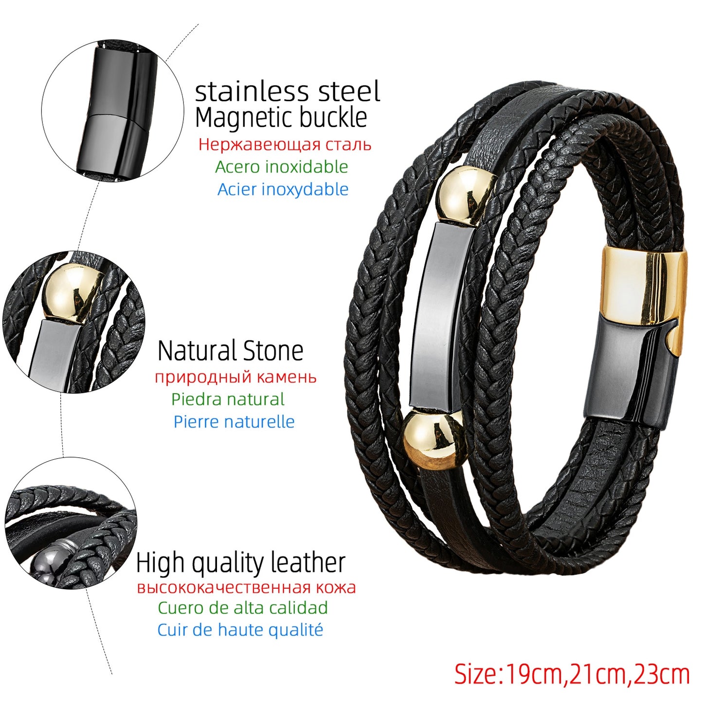 Hip-Hop Punk Geometric PU Leather Layered Men's Bracelet with Stainless Steel Clasp